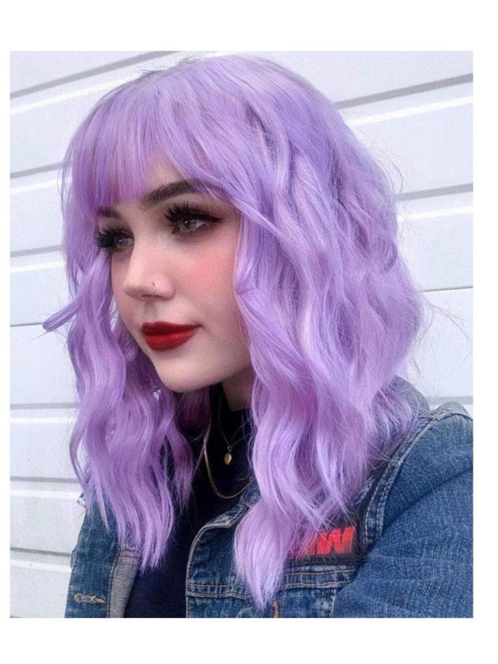 Women's Lavender Short Wavy Bob Wig with Bangs Shoulder Length Heat Synthetic